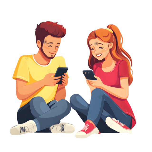 Two people using phones illustration – Bumbble online friendship and dating app